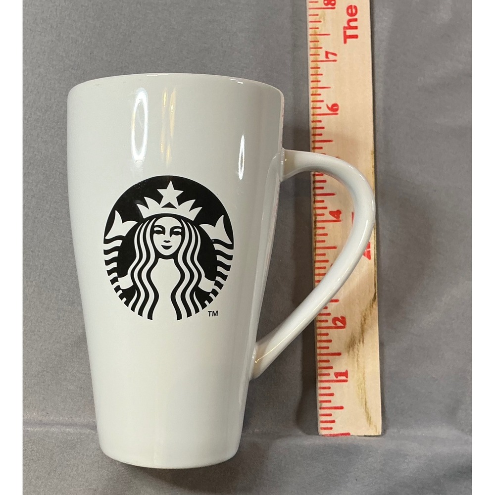 Starbucks White Ceramic Siren Logo V-Shape Coffee Mug 18 oz 2014 Tapered Cup
